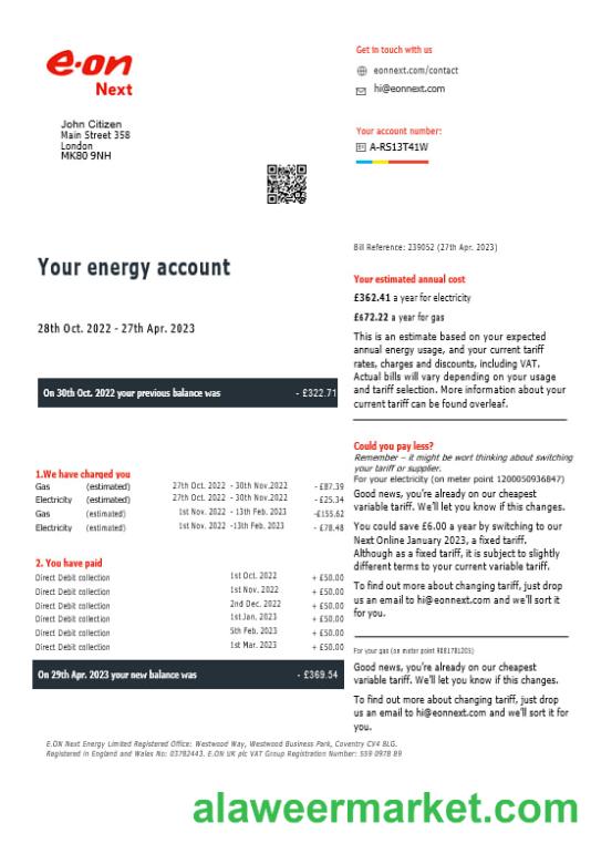 United Kingdom  Eon gas and electricity utility  bill in Word and PDF formats, version 7